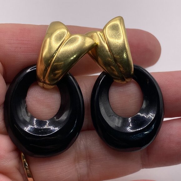 Vintage, 3-in-1, 1960s 18K Gold Earrings w/ Real Jade & Onyx Accessories #401 - Picture 6 of 14